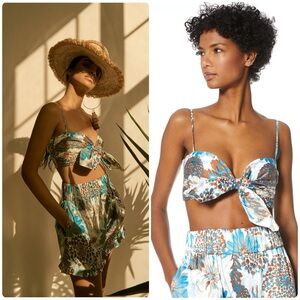 New! AMUR Alva Floral Front Tie Crop Top 100% Organic Cotton 💙🤎 XL